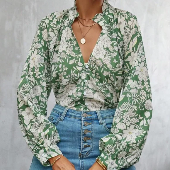 Floral Print Green White Button Down Shirt Bishop Long Sleeve - Picture 3 of 11